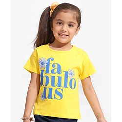 Pine Kids Cotton Knit Half Sleeves Text & Floral Printed Biowashed T-Shirt - Yellow
