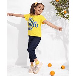 Pine Kids Cotton Knit Half Sleeves Text & Floral Printed Biowashed T-Shirt - Yellow