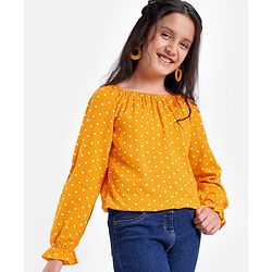Pine Kids Rayon Woven Full Sleeves Off Shoulder Top Polka Dot Print- Yellow