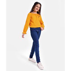 Pine Kids Rayon Woven Full Sleeves Off Shoulder Top Polka Dot Print- Yellow