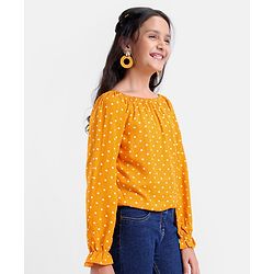 Pine Kids Rayon Woven Full Sleeves Off Shoulder Top Polka Dot Print- Yellow