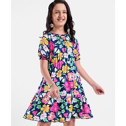 Pine Kids Rayon Three Forth Balloon Sleeves Frock Floral Print - Multicolour