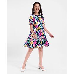 Pine Kids Rayon Three Forth Balloon Sleeves Frock Floral Print - Multicolour
