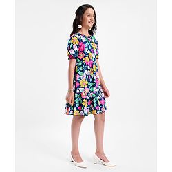 Pine Kids Rayon Three Forth Balloon Sleeves Frock Floral Print - Multicolour