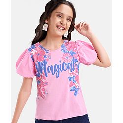 Pine Kids Cotton Knit Half Sleeves Floral Print T-Shirt - Pink