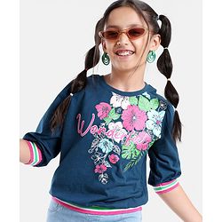 Pine Kids Cotton Knit Three Fourth Sleeves Floral Print T-Shirt - Blue
