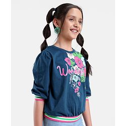 Pine Kids Cotton Knit Three Fourth Sleeves Floral Print T-Shirt - Blue