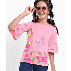 Pine Kids 100% Cotton Knit Three Fourth Sleeves Bio Washed Floral Print Top - Candy Pink