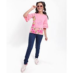 Pine Kids 100% Cotton Knit Three Fourth Sleeves Bio Washed Floral Print Top - Candy Pink