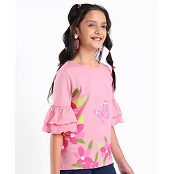 Pine Kids 100% Cotton Knit Three Fourth Sleeves Bio Washed Floral Print Top - Candy Pink