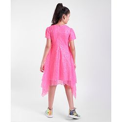 Pine Kids Half Sleeves Sequined Knee Length Party Dress with Asymmetrical Hem- Pink
