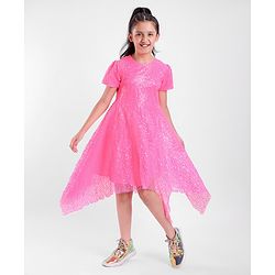 Pine Kids Half Sleeves Sequined Knee Length Party Dress with Asymmetrical Hem- Pink