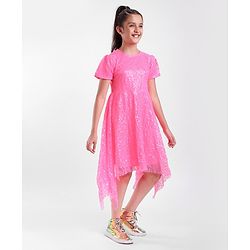 Pine Kids Half Sleeves Sequined Knee Length Party Dress with Asymmetrical Hem- Pink