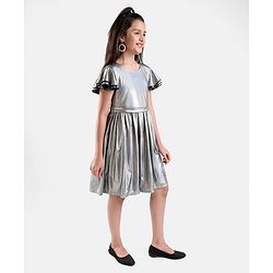 Pine Kids Half Sleeves Party Frock Solid Colour  - Silver