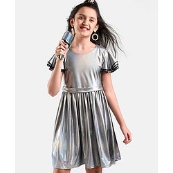 Pine Kids Half Sleeves Party Frock Solid Colour  - Silver