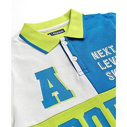 Pine Kids 100% Cotton Half Sleeves Biowashed Polo T-Shirt Text Print - Green & Blue