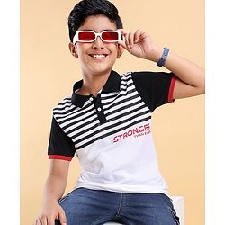 Pine Kids Cotton Knit Half Sleeves Striped Biowashed T-Shirt - White