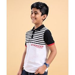 Pine Kids Cotton Knit Half Sleeves Striped Biowashed T-Shirt - White