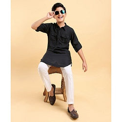 Pine Kids Full Sleeves Pathani Kurta & Pyjama Set Solid Colour - Black & White