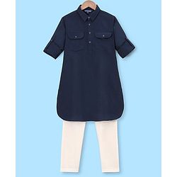 Pine Kids Full Sleeves Solid Pathani Kurta & Pyjama Set Solid Colour - Navy  Blue