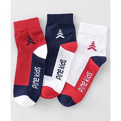 Pine Kids High Ankle Length Socks Logo Print Pack Of 3 - Navy Blue Red & White