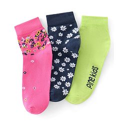 Pine Kids Ankle Length Printed Socks Floral Print Pack Of 3 - Pink Black & Green