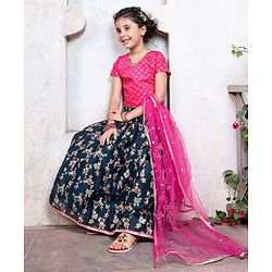 Pine Kids Half Sleeves Embroidered Lehenga Choli Set with Dupatta Floral Print - Pink