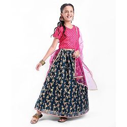 Pine Kids Half Sleeves Embroidered Lehenga Choli Set with Dupatta Floral Print - Pink