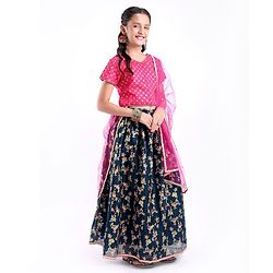 Pine Kids Half Sleeves Embroidered Lehenga Choli Set with Dupatta Floral Print - Pink