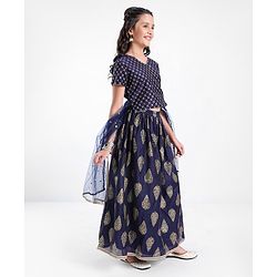 Pine Kids Half Sleeves Choli & Lehenga With Dupatta Set Zari Design - Navy Blue