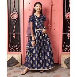 Pine Kids Half Sleeves Choli & Lehenga With Dupatta Set Zari Design - Navy Blue