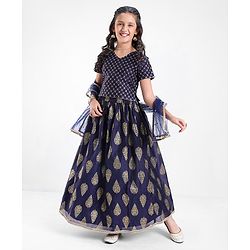 Pine Kids Half Sleeves Choli & Lehenga With Dupatta Set Zari Design - Navy Blue