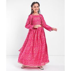 Pine Kids Choli & Lehenga With Full Sleeves Shurg Zari Design - Pink