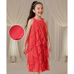Pine Kids Halter Neck Shimmer Multi Ruffles Knee Length Sleeveless Party Wear Dress- Coral Pink