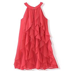 Pine Kids Halter Neck Shimmer Multi Ruffles Knee Length Sleeveless Party Wear Dress- Coral Pink