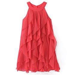 Pine Kids Halter Neck Shimmer Multi Ruffles Knee Length Sleeveless Party Wear Dress- Coral Pink