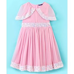 Pine Kids Half Sleeves Sequined Knee Length Party Wear Dress- Pink