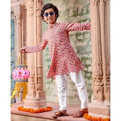 Pine Kids Full Sleeves Kurta Pyjama Set With Floral Print - Pink