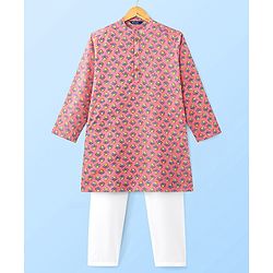 Pine Kids Full Sleeves Kurta Pyjama Set With Floral Print - Pink