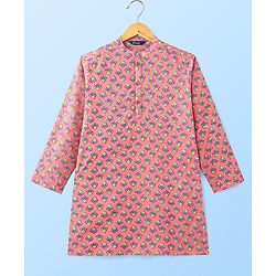 Pine Kids Full Sleeves Kurta Pyjama Set With Floral Print - Pink