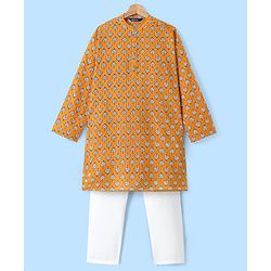 Pine Kids 100% Cotton Woven Full Sleeves Kurta & Pyjama Set Floral Print - Mustard