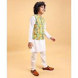 Pine Kids 100% Cotton Full Sleeves Kurta Pajama Set With Jacket & Bandi Diamond Print - Yellow & White