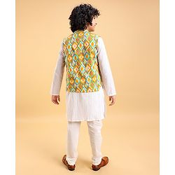 Pine Kids 100% Cotton Full Sleeves Kurta Pajama Set With Jacket & Bandi Diamond Print - Yellow & White