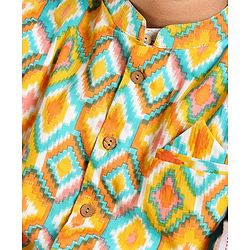 Pine Kids 100% Cotton Full Sleeves Kurta Pajama Set With Jacket & Bandi Diamond Print - Yellow & White