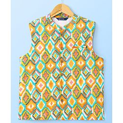 Pine Kids 100% Cotton Full Sleeves Kurta Pajama Set With Jacket & Bandi Diamond Print - Yellow & White