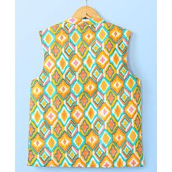 Pine Kids 100% Cotton Full Sleeves Kurta Pajama Set With Jacket & Bandi Diamond Print - Yellow & White