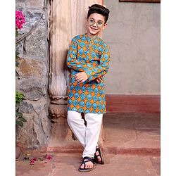 Pine Kids 100% Cotton Full Sleeves Printed Kurta & Pyjama Set- Orange Blue & White