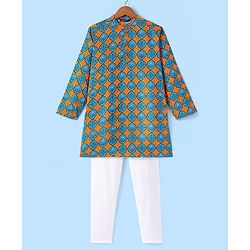 Pine Kids 100% Cotton Full Sleeves Printed Kurta & Pyjama Set- Orange Blue & White