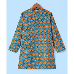 Pine Kids 100% Cotton Full Sleeves Printed Kurta & Pyjama Set- Orange Blue & White