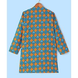 Pine Kids 100% Cotton Full Sleeves Printed Kurta & Pyjama Set- Orange Blue & White